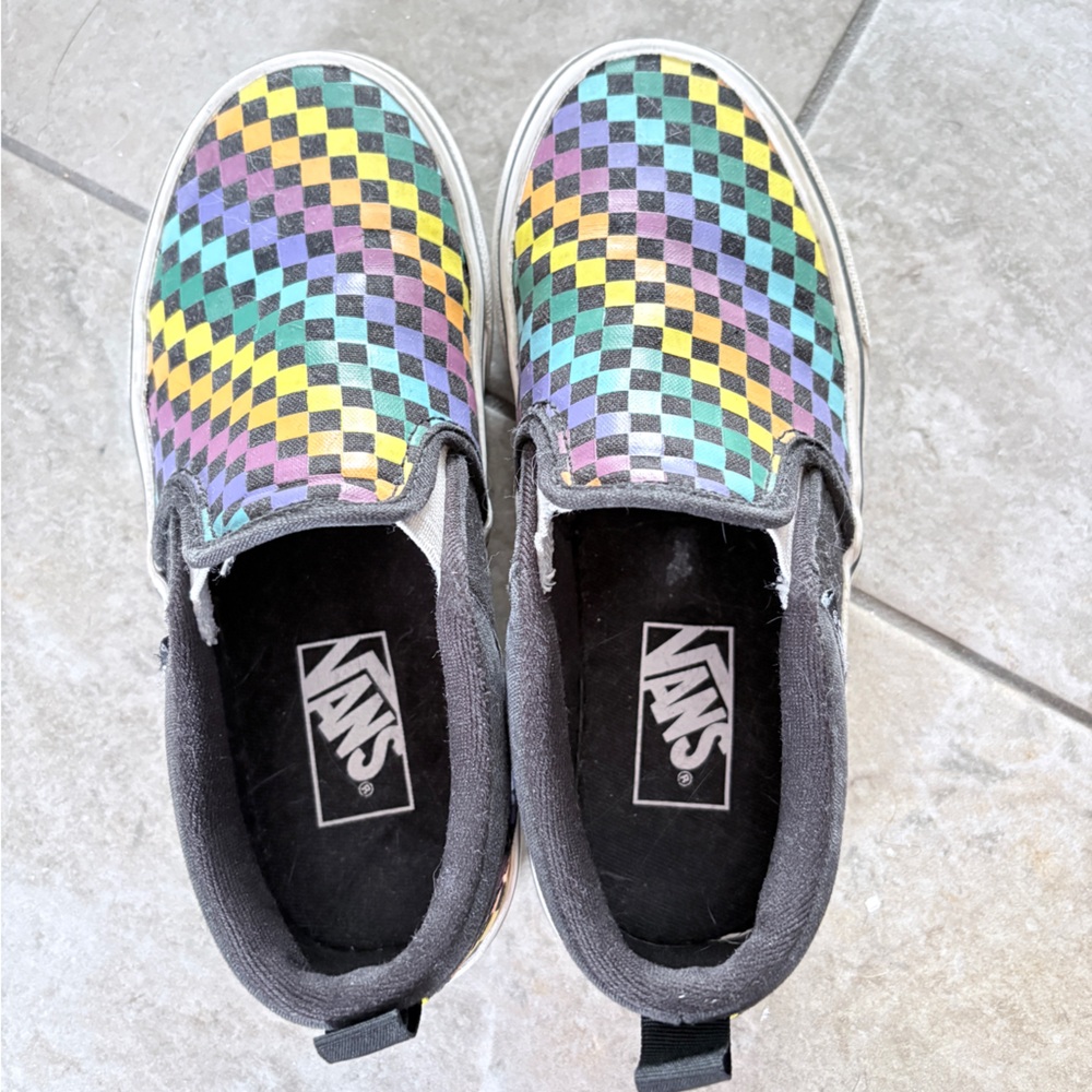 Vans Kids Checkerboard Slip-On Sneakers in Rainbow and Black